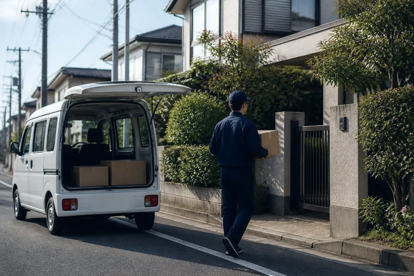 軽バンから段ボールを持って届け先の門へ向かう配達スタッフの後ろ姿(イメージ)