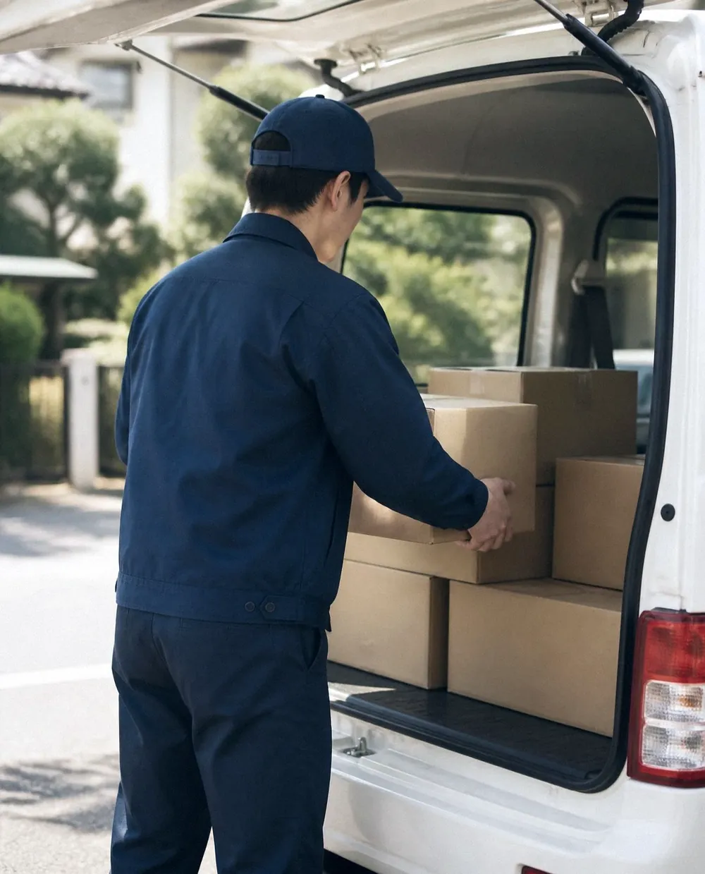 軽バンの荷室に段ボールを積み込む配達スタッフの後ろ姿(イメージ)